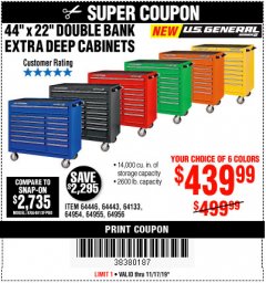 Harbor Freight Coupon 44" X 22" DOUBLE BANK EXTRA DEEP ROLLER CABINETS Lot No. 64444/64445/64446/64441/64442/64443/64281/64134/64133/64954/64955/64956 Expired: 11/17/19 - $439.99