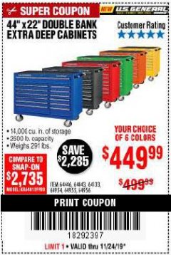 Harbor Freight Coupon 44" X 22" DOUBLE BANK EXTRA DEEP ROLLER CABINETS Lot No. 64444/64445/64446/64441/64442/64443/64281/64134/64133/64954/64955/64956 Expired: 11/24/19 - $449.99