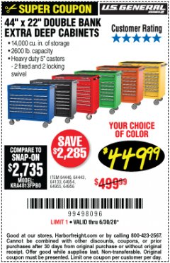 Harbor Freight Coupon 44" X 22" DOUBLE BANK EXTRA DEEP ROLLER CABINETS Lot No. 64444/64445/64446/64441/64442/64443/64281/64134/64133/64954/64955/64956 Expired: 6/30/20 - $449.99