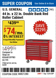 Harbor Freight Coupon 44" X 22" DOUBLE BANK EXTRA DEEP ROLLER CABINETS Lot No. 64444/64445/64446/64441/64442/64443/64281/64134/64133/64954/64955/64956 Expired: 12/31/20 - $439.99