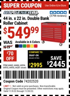 Harbor Freight Coupon 44" X 22" DOUBLE BANK EXTRA DEEP ROLLER CABINETS Lot No. 64444/64445/64446/64441/64442/64443/64281/64134/64133/64954/64955/64956 Expired: 1/20/22 - $549.99