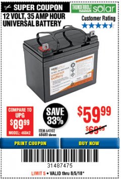 Harbor Freight Coupon 12 VOLT,35 AMP HOUR UNIVERSAL BATTERY Lot No. 64102 / 68680 Expired: 8/15/18 - $59.99