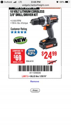 Harbor Freight Coupon 18 VOLT LITHIUM CORDLESS 3/8" DRILL/DRIVER Lot No. 64118 Expired: 1/20/19 - $24.99