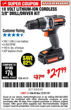 Harbor Freight Coupon 18 VOLT LITHIUM CORDLESS 3/8" DRILL/DRIVER Lot No. 64118 Expired: 12/31/19 - $27.99