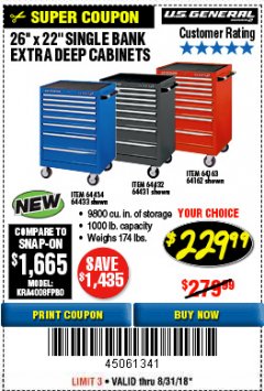 Harbor Freight Coupon 26" X 22" SINGLE BANK EXTRA DEEP CABINETS Lot No. 64434/64433/64432/64431/64163/64162/56234/56233/56235/56104/56105/56106 Expired: 8/31/18 - $229.99