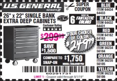 Harbor Freight Coupon 26" X 22" SINGLE BANK EXTRA DEEP CABINETS Lot No. 64434/64433/64432/64431/64163/64162/56234/56233/56235/56104/56105/56106 Expired: 8/1/19 - $249.99