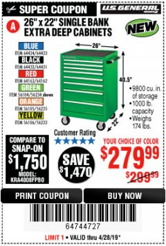 Harbor Freight Coupon 26" X 22" SINGLE BANK EXTRA DEEP CABINETS Lot No. 64434/64433/64432/64431/64163/64162/56234/56233/56235/56104/56105/56106 Expired: 4/28/19 - $279.99