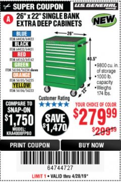 Harbor Freight Coupon 26" X 22" SINGLE BANK EXTRA DEEP CABINETS Lot No. 64434/64433/64432/64431/64163/64162/56234/56233/56235/56104/56105/56106 Expired: 4/28/19 - $279.99
