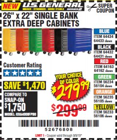 Harbor Freight Coupon 26" X 22" SINGLE BANK EXTRA DEEP CABINETS Lot No. 64434/64433/64432/64431/64163/64162/56234/56233/56235/56104/56105/56106 Expired: 9/9/19 - $279.99