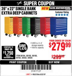 Harbor Freight Coupon 26" X 22" SINGLE BANK EXTRA DEEP CABINETS Lot No. 64434/64433/64432/64431/64163/64162/56234/56233/56235/56104/56105/56106 Expired: 6/23/19 - $279.99