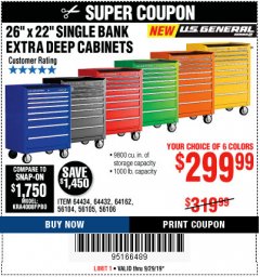 Harbor Freight Coupon 26" X 22" SINGLE BANK EXTRA DEEP CABINETS Lot No. 64434/64433/64432/64431/64163/64162/56234/56233/56235/56104/56105/56106 Expired: 9/29/19 - $299.99
