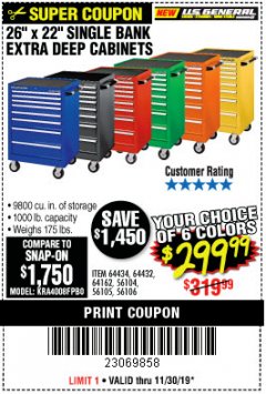 Harbor Freight Coupon 26" X 22" SINGLE BANK EXTRA DEEP CABINETS Lot No. 64434/64433/64432/64431/64163/64162/56234/56233/56235/56104/56105/56106 Expired: 11/30/19 - $299.99