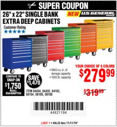Harbor Freight Coupon 26" X 22" SINGLE BANK EXTRA DEEP CABINETS Lot No. 64434/64433/64432/64431/64163/64162/56234/56233/56235/56104/56105/56106 Expired: 11/17/19 - $279.99