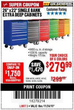 Harbor Freight Coupon 26" X 22" SINGLE BANK EXTRA DEEP CABINETS Lot No. 64434/64433/64432/64431/64163/64162/56234/56233/56235/56104/56105/56106 Expired: 11/24/19 - $279.99