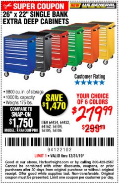 Harbor Freight Coupon 26" X 22" SINGLE BANK EXTRA DEEP CABINETS Lot No. 64434/64433/64432/64431/64163/64162/56234/56233/56235/56104/56105/56106 Expired: 12/31/19 - $279.99