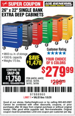 Harbor Freight Coupon 26" X 22" SINGLE BANK EXTRA DEEP CABINETS Lot No. 64434/64433/64432/64431/64163/64162/56234/56233/56235/56104/56105/56106 Expired: 1/5/20 - $279.99