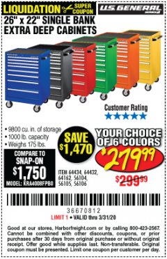 Harbor Freight Coupon 26" X 22" SINGLE BANK EXTRA DEEP CABINETS Lot No. 64434/64433/64432/64431/64163/64162/56234/56233/56235/56104/56105/56106 Expired: 3/31/20 - $279.99