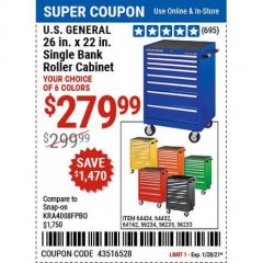 Harbor Freight Coupon 26" X 22" SINGLE BANK EXTRA DEEP CABINETS Lot No. 64434/64433/64432/64431/64163/64162/56234/56233/56235/56104/56105/56106 Expired: 1/29/21 - $279.99