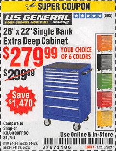 Harbor Freight Coupon 26" X 22" SINGLE BANK EXTRA DEEP CABINETS Lot No. 64434/64433/64432/64431/64163/64162/56234/56233/56235/56104/56105/56106 Expired: 3/2/21 - $279.99