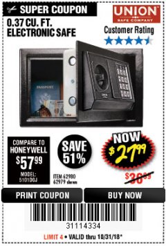 Harbor Freight Coupon 0.37 CU.FT. ELECTRONIC SAFE Lot No. 62979/93575/62980 Expired: 10/31/18 - $27.99