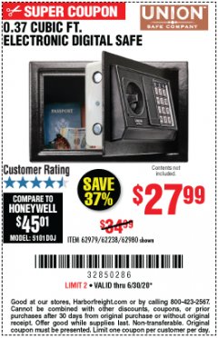 Harbor Freight Coupon 0.37 CU.FT. ELECTRONIC SAFE Lot No. 62979/93575/62980 Expired: 6/30/20 - $27.99