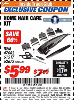 Harbor Freight ITC Coupon HOME HAIR CARE KIT Lot No. 47082/61517/62672 Expired: 8/31/18 - $5.99