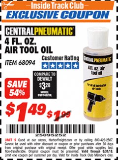 Harbor Freight ITC Coupon 4 FL. OZ. AIR TOOL OIL Lot No. 68094 Expired: 8/31/18 - $1.49