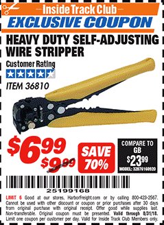 Harbor Freight ITC Coupon HEAVY DUTY SELF-ADJUSTING WIRE STRIPPER Lot No. 57316/36810 Expired: 8/31/18 - $6.99