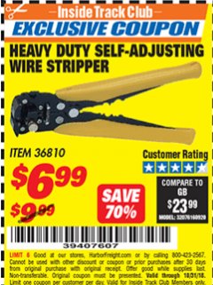 Harbor Freight ITC Coupon HEAVY DUTY SELF-ADJUSTING WIRE STRIPPER Lot No. 57316/36810 Expired: 10/31/18 - $6.99