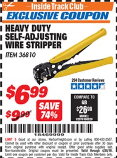 Harbor Freight ITC Coupon HEAVY DUTY SELF-ADJUSTING WIRE STRIPPER Lot No. 57316/36810 Expired: 4/30/19 - $6.99