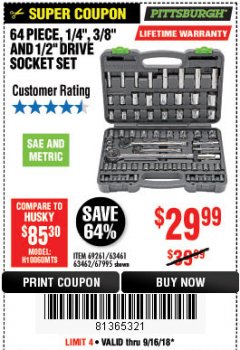Harbor Freight Coupon 64 PIECE 1/4", 3/8", AND 1/2" SOCKET SET Lot No. 67995/69261/63461/63462 Expired: 9/16/18 - $29.99