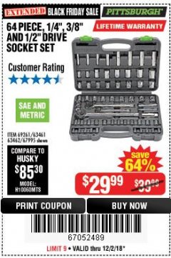 Harbor Freight Coupon 64 PIECE 1/4", 3/8", AND 1/2" SOCKET SET Lot No. 67995/69261/63461/63462 Expired: 12/2/18 - $29.99