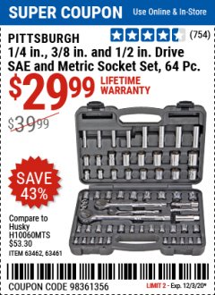 Harbor Freight Coupon 64 PIECE 1/4", 3/8", AND 1/2" SOCKET SET Lot No. 67995/69261/63461/63462 Expired: 12/3/20 - $29.99