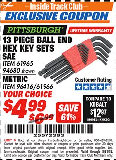 Harbor Freight ITC Coupon PITTSBURGH 13 PIECE BALL END HEX KEY SETS SAE Lot No. 61965/94680 Expired: 8/31/18 - $4.99