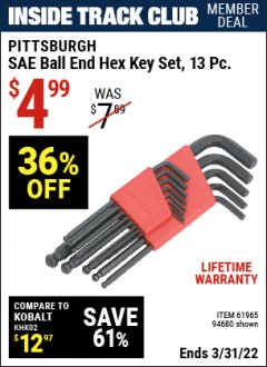 Harbor Freight ITC Coupon PITTSBURGH 13 PIECE BALL END HEX KEY SETS SAE Lot No. 61965/94680 Expired: 3/31/22 - $4.99