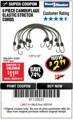 Harbor Freight Coupon 6 PIECE CAMOUFLAGE ELASTIC STRETCH CORDS Lot No. 56647/61947/62824/46911 Expired: 10/21/18 - $2.99