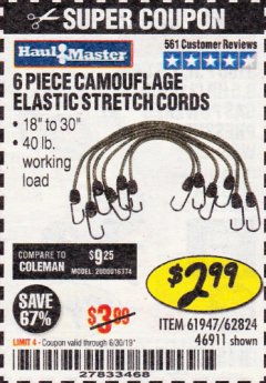 Harbor Freight Coupon 6 PIECE CAMOUFLAGE ELASTIC STRETCH CORDS Lot No. 56647/61947/62824/46911 Expired: 6/30/19 - $2.99