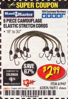 Harbor Freight Coupon 6 PIECE CAMOUFLAGE ELASTIC STRETCH CORDS Lot No. 56647/61947/62824/46911 Expired: 7/31/19 - $2.99