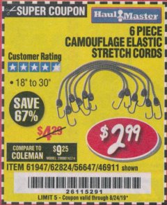 Harbor Freight Coupon 6 PIECE CAMOUFLAGE ELASTIC STRETCH CORDS Lot No. 56647/61947/62824/46911 Expired: 8/24/19 - $2.99