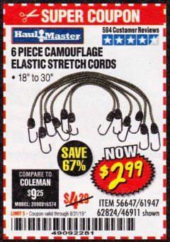 Harbor Freight Coupon 6 PIECE CAMOUFLAGE ELASTIC STRETCH CORDS Lot No. 56647/61947/62824/46911 Expired: 8/31/19 - $2.99