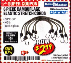 Harbor Freight Coupon 6 PIECE CAMOUFLAGE ELASTIC STRETCH CORDS Lot No. 56647/61947/62824/46911 Expired: 3/31/20 - $2.99