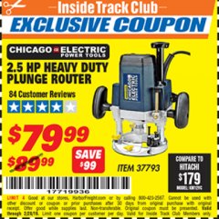 Harbor Freight ITC Coupon CHICAGO ELECTRIC 2.5 HP HEAVY DUTY PLUNGE ROUTER Lot No. 37793 Expired: 2/28/19 - $79.99