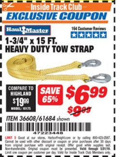 Harbor Freight ITC Coupon HAUL MASTER 1-3/4" X 15 FT. HEAVY DUTY TOW STRAP Lot No. 36608/61684 Expired: 5/31/19 - $6.99