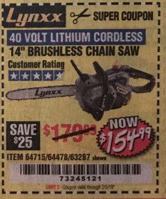 Harbor Freight Coupon LYNXX 40 V LITHIUM CORDLESS 14" BRUSHLESS CHAIN SAW Lot No. 64715/64478/63287 Expired: 2/5/19 - $154.99