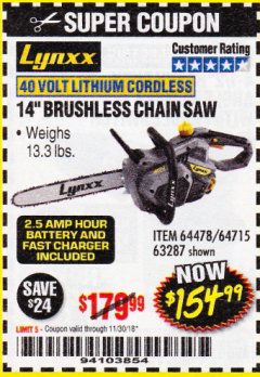 Harbor Freight Coupon LYNXX 40 V LITHIUM CORDLESS 14" BRUSHLESS CHAIN SAW Lot No. 64715/64478/63287 Expired: 11/30/18 - $154.99