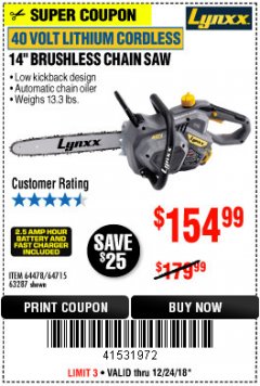 Harbor Freight Coupon LYNXX 40 V LITHIUM CORDLESS 14" BRUSHLESS CHAIN SAW Lot No. 64715/64478/63287 Expired: 12/24/18 - $154.99