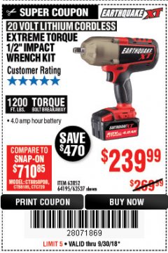 Harbor Freight Coupon EXTREME TORQUE 1/2" IMPACT WRENCH KIT Lot No. 63852 Expired: 9/30/18 - $239.99