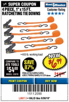 Harbor Freight Coupon 4 PIECE, 1" X 15FT. RATCHETING TIE DOWNS Lot No. 63150/63094/63056/63057/90984/61524 Expired: 9/30/18 - $6.99