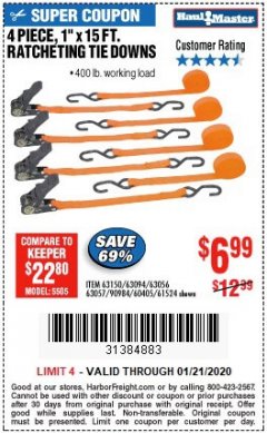 Harbor Freight Coupon 4 PIECE, 1" X 15FT. RATCHETING TIE DOWNS Lot No. 63150/63094/63056/63057/90984/61524 Expired: 1/21/20 - $6.99