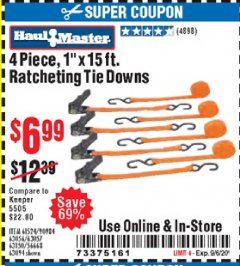 Harbor Freight Coupon 4 PIECE, 1" X 15FT. RATCHETING TIE DOWNS Lot No. 63150/63094/63056/63057/90984/61524 Expired: 9/6/20 - $6.99